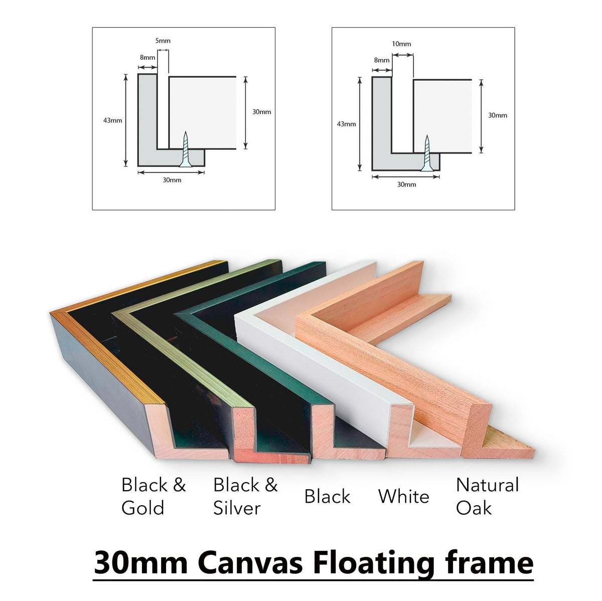 Timber Floating Frame for Canvas | 30mm Deep with 5mm gap | Size 1:1 Ratio (Square)