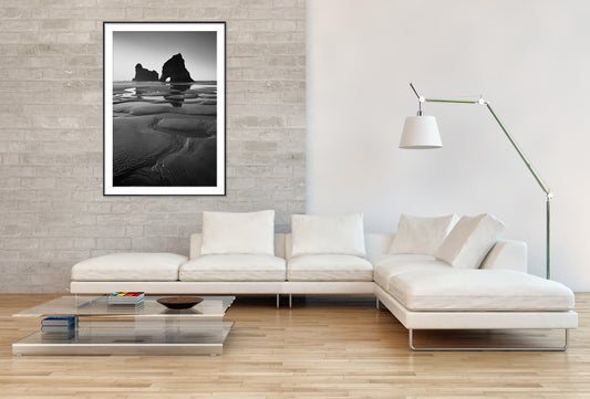 Black and white Rock Formations in Sea Against clear sky I - Gallery Frames