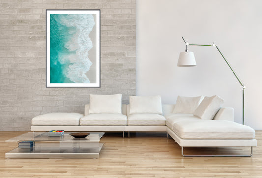 Drone shot of ocean waves crashing on to the beach- Gallery Frames