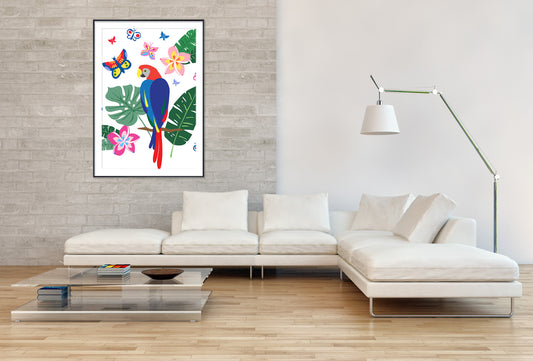 Colourful Parrot with butterflies - Gallery Frames