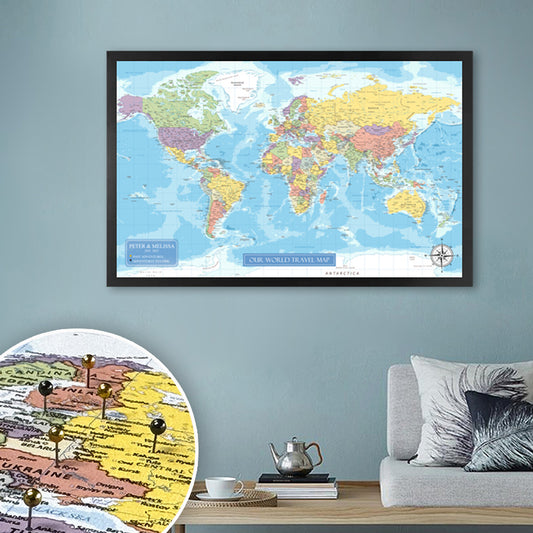 Large Detailed Push Pin Travel Map, Personalized Travel Tracker Canvas with Frame, Visited Countries Pin Board Wall Art, Bonus 100x Pushpins