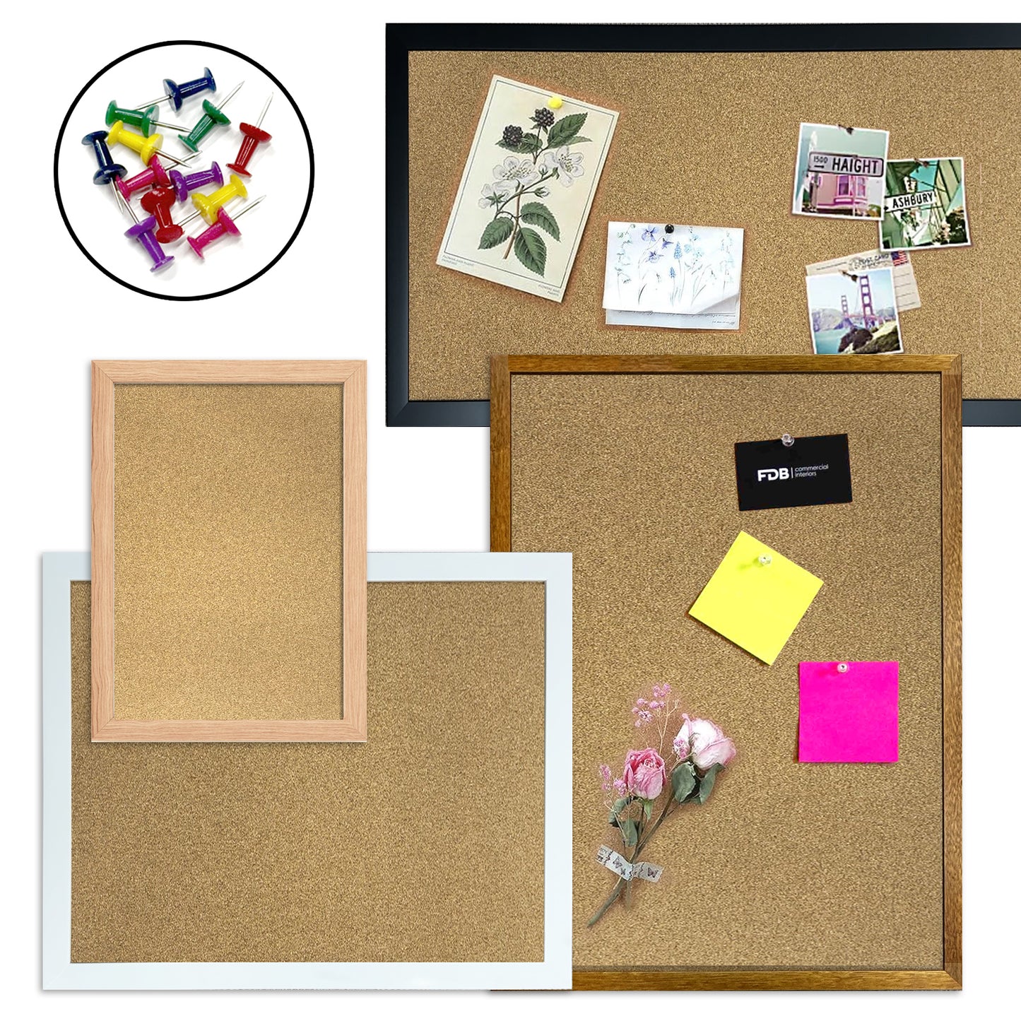 Cork board Corkboard Pinboard for Office Home Message Notice with 30mm Wide Wooden Timber Frame - Bonus 12x Pushpins