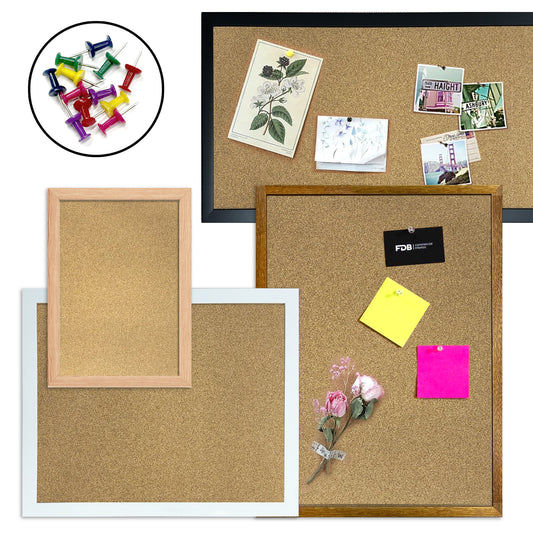 Cork board Corkboard Pinboard for Office Home Message Notice with 30mm Wide Wooden Timber Frame - Bonus 12x Pushpins
